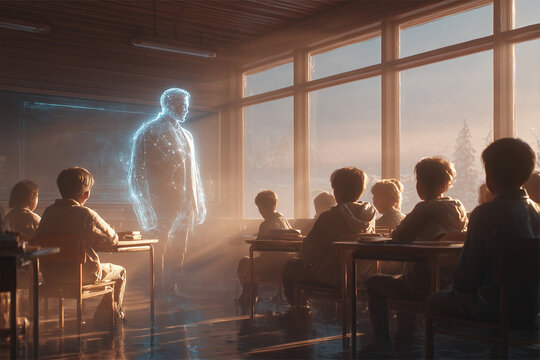 Humanoid AI teacher presenting to a classroom of students, illustrating the future of education where artificial intelligence enhances learning, knowledge sharing, and digital transformation.
