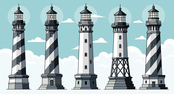 Retro color vector illustration of five different lighthouse designs set against a blue cloudy sky background.