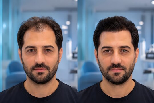 PRF Hair Restoration Before and After for Male Patient in Luxury Aesthetic Clinic, Hyper Realistic Comparison