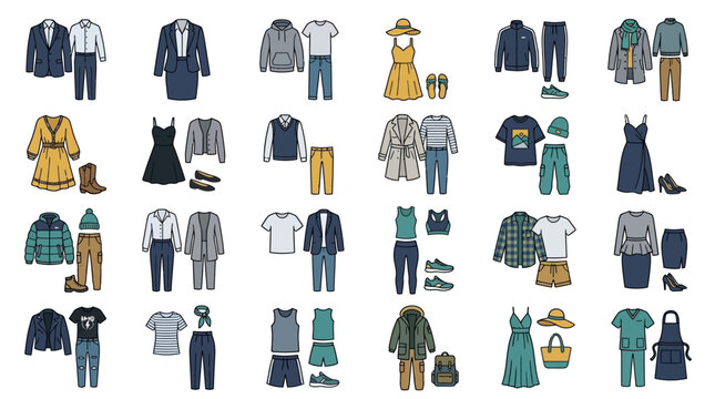 Elegant and Versatile Illustrated Outfit Combinations Showcasing Casual to Formal Attire in Various Colors and Styles