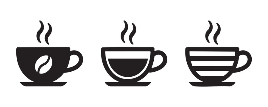 Three coffee cups with steam icon set, each cup with different coffee designs and patterns.