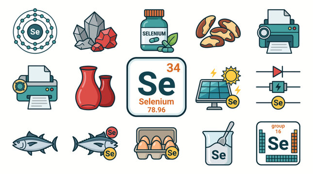 Selenium Element Cartoon Icon Set: Periodic Table Se34 Symbol with Atomic Structure, Supplements, Food Sources and Solar Panel Illustration