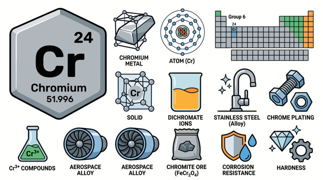Chromium Element Cartoon Icon Set: Periodic Table Cr24 Symbol with Atomic Structure, Alloy Uses and Chemistry Properties Illustration