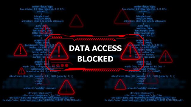 data access blocked network alert warning. urgent threat notification concept with glowing red hazard Cybersecurity defense and secure digital systems protection against cyberattacks. 4k video 