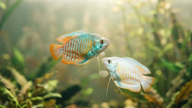 two dwarf gourami in southeast asian freshwater aquarium plants underwater close up video