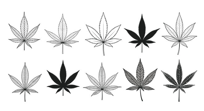 Detailed set of ten different hand drawn marijuana leaves with classic line art dotwork and silhouette styles.