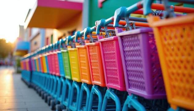 Colorful shopping carts in a row outside a bright supermarket. Brightly colored trolleys arranged neatly for shoppers, ready for grocery runs.