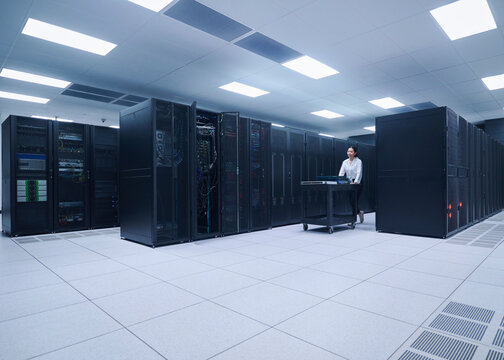 Asian Female Cybersecurity Professional Working in Data Center
