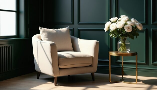Cream armchair sits near window with sunbeams. White roses in glass vase on small gold table. Dark green paneled wall background. Minimalist modern living room decor.
