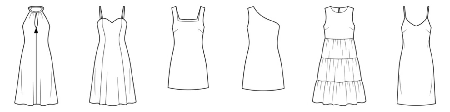 flat sketch set of womens fashion dress technical cad drawing vector template transparent background