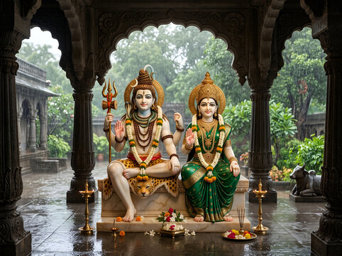 Divine Shiva Parvati Blessing Devotional Illustration with Temple Background