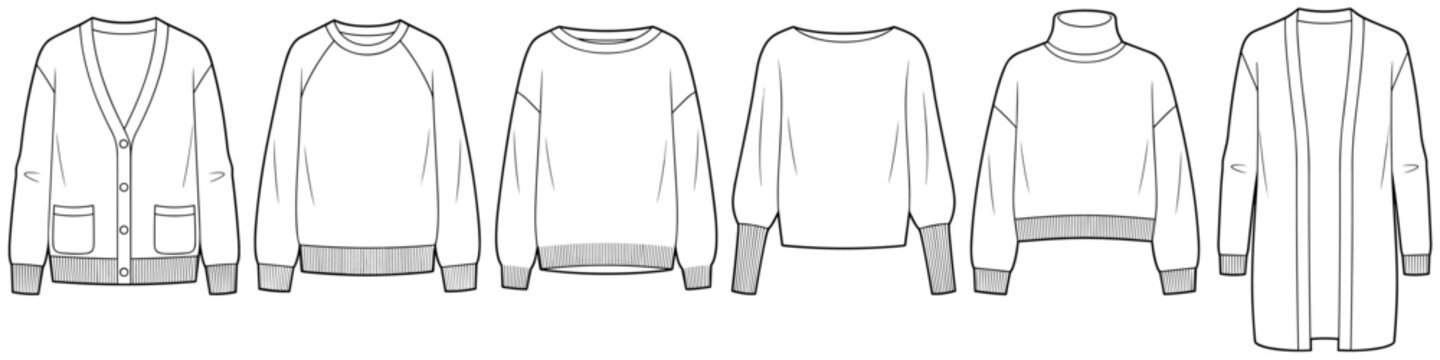 flat sketch set of womens cardigan sweater and knitwear technical cad drawing vector template transparent background