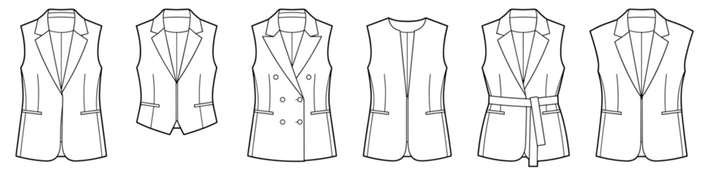 flat sketch set of womens waistcoat vest technical cad drawing vector template transparent background