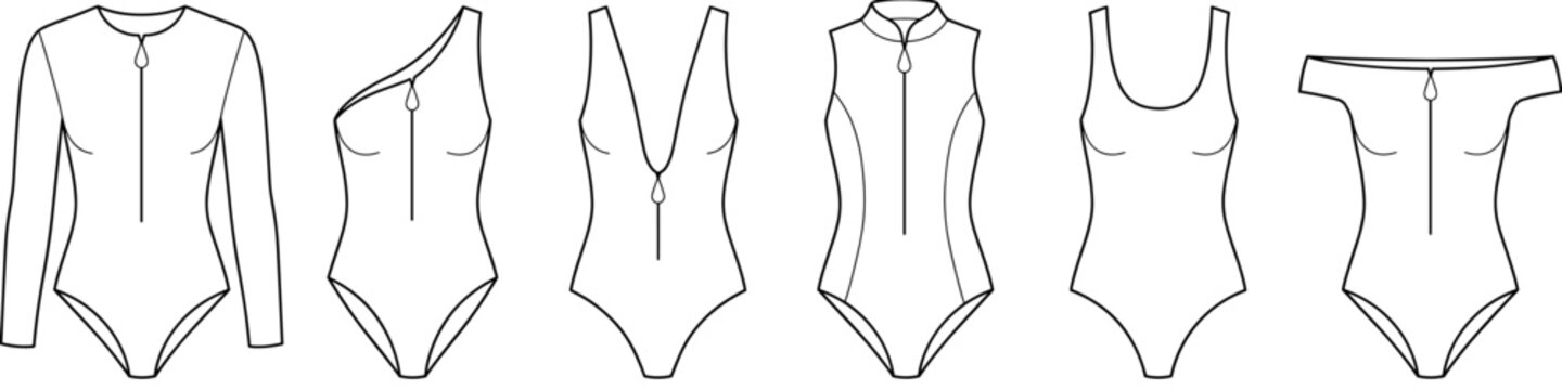 flat sketch set of womens swimsuit bodysuit and swimwear technical cad drawing vector template transparent background