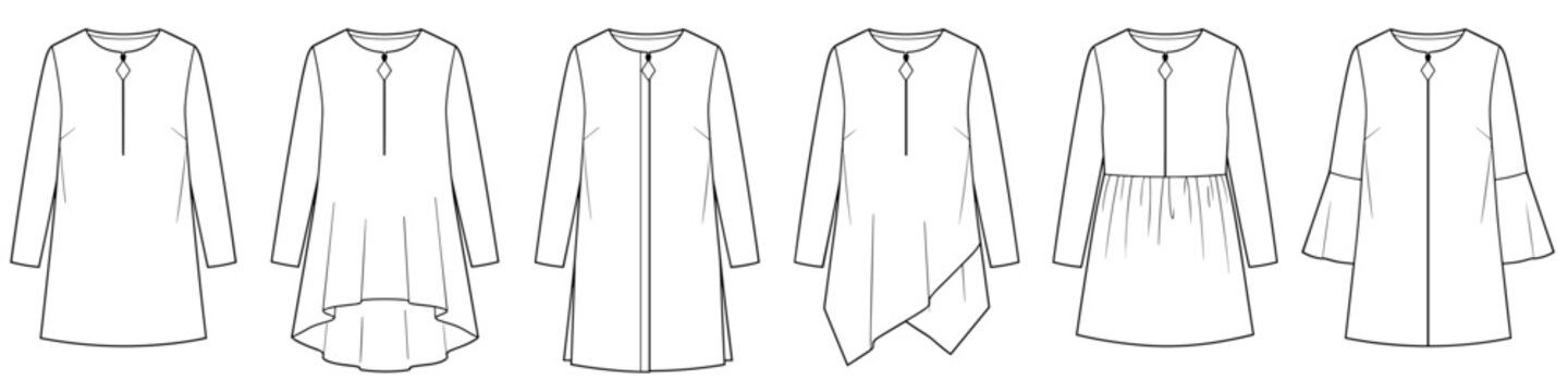 flat sketch set of womens tunic blouse and long shirt technical cad drawing vector template transparent background