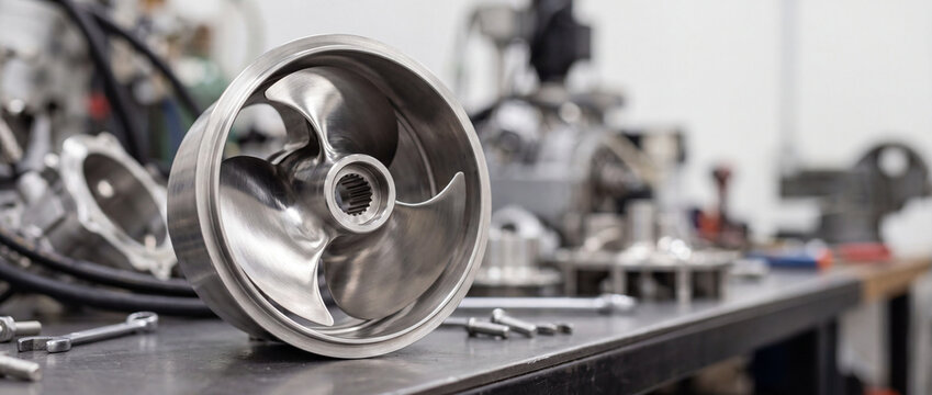 Polished metal impeller on workbench in industrial machine shop for precision engineering