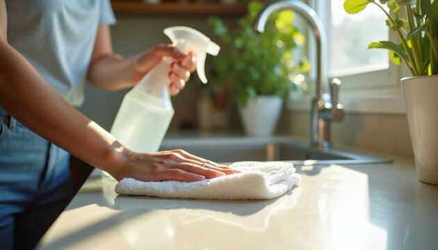 Woman wipes kitchen counter with microfiber cloth and spray cleaner. Hygiene routine maintains spotless home surfaces. Daily chores done with care and focus on cleanliness.