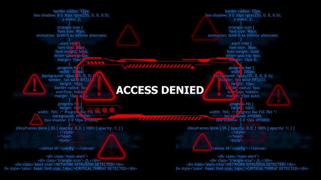 access denied network alert warning. urgent threat notification concept with glowing red hazard Cybersecurity defense and secure digital systems protection against cyberattacks. 4k video 