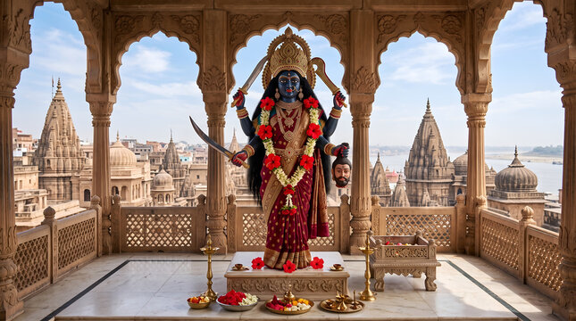 Goddess Kali Divine Portrait with Sacred Aura in Ancient Temple