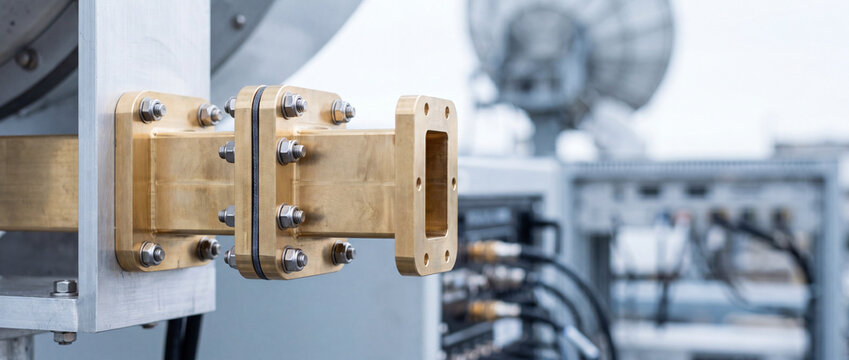 Close-up brass waveguide connector on rooftop satellite antenna telecommunication equipment and RF hardware