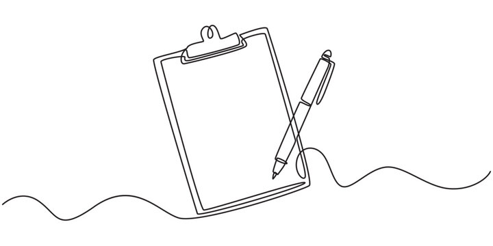 Clipboard with checklist and pen in one continuous line drawing. To do list with ticks and concept for test expertise and exam in simple linear style. Editable stroke. Doodle vector illustration, Pen.