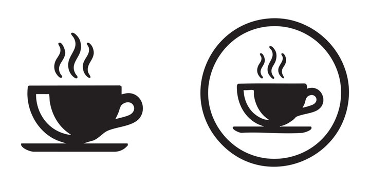 Steaming hot coffee cup icon in standard and circular border versions for signage and menu design.