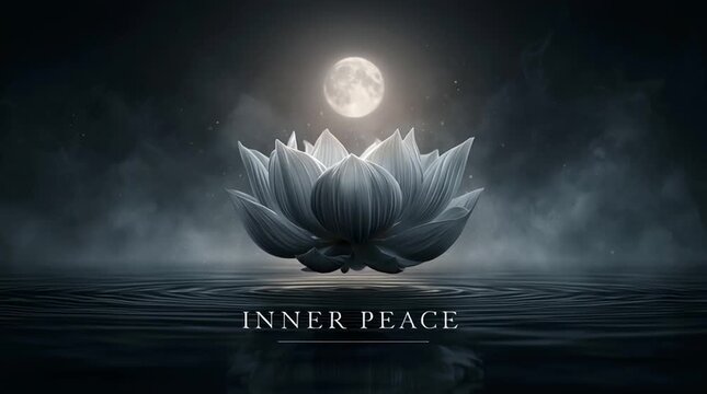 Surreal white lotus floating above mirror-like lake under full moon, soft mist, calm and dreamy atmosphere, elegant centered typography reading &ldquo;INNER PEACE&rdquo;, cinematic minimalism.