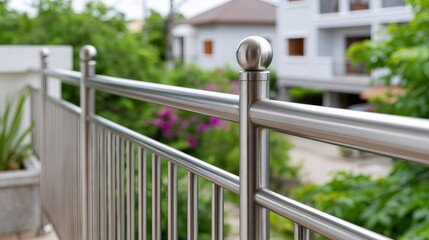 Fototapeta premium Stainless steel railing detail on modern home balcony