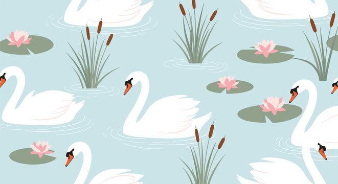 Beautiful seamless pattern of elegant white swans swimming in a pond with pink water lilies and green reeds.