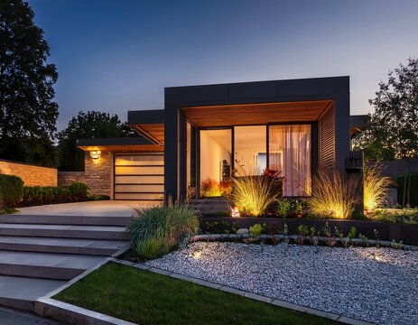 modern house exterior beautiful landscape design outdoor lighting creating inviting ambiance evening scene architectural photography high end property visualization