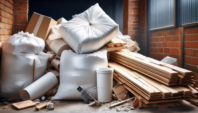 a pile of construction debris including white garbage bags wooden planks plasterboard bricks cardboard boxes and a white toilet trash waste renovation renovation waste landfill
