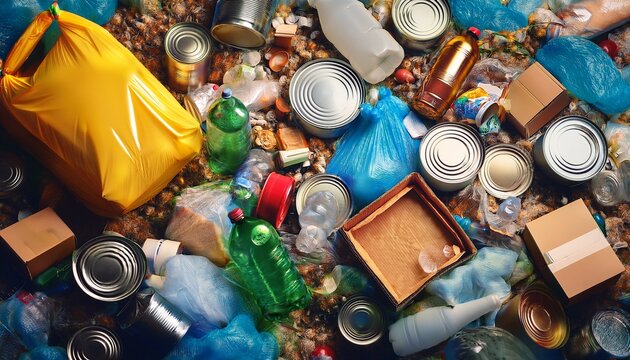 a large pile of assorted waste includes plastic bottles cardboard boxes tin cans and plastic bags highlighting the issue of refuse accumulation trash garbage recycling pollution