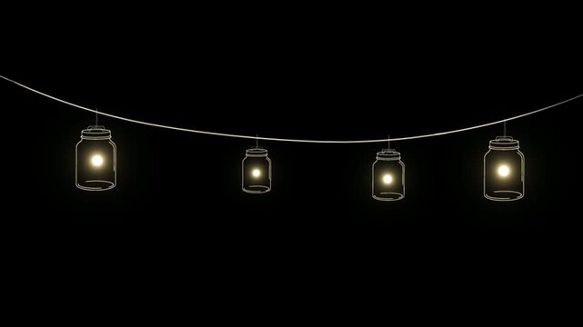 Mason jars hang in a row to create a string of glowing lights.