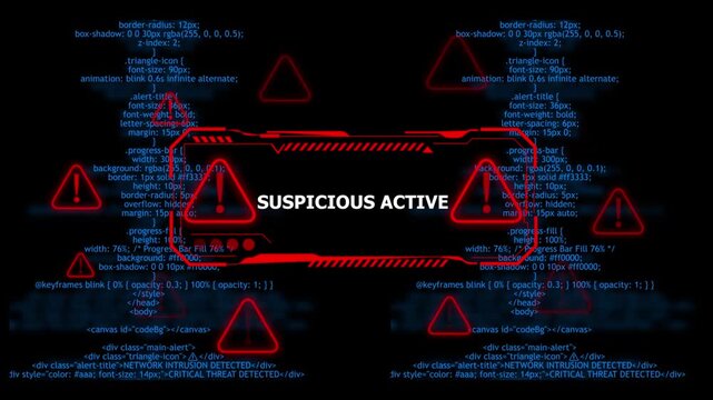 suspicious active network alert warning. urgent threat notification concept with glowing red hazard Cybersecurity defense and secure digital systems protection against cyberattacks. 4k video 