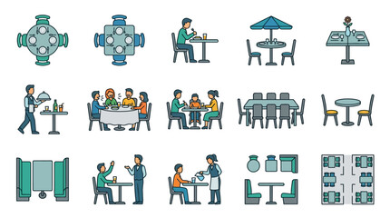 Fototapeta premium Elegant Restaurant Service and Dining Scene Illustrations Showcasing Various Tables Staff and Customers in a Cozy Caf Setting