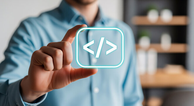 Programming code access for web development and app building, developer testing source code with coding symbol for automation tools, database integration and secure online platform update