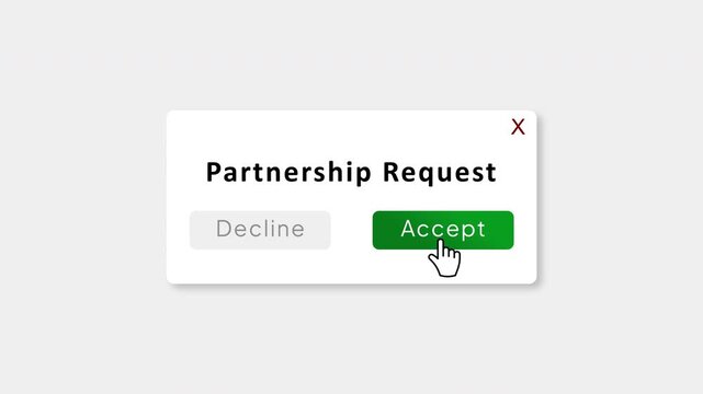 Partnership Request Popup Animation with Accept Button Click, Business Collaboration Approval Dialog, User Interface Notification