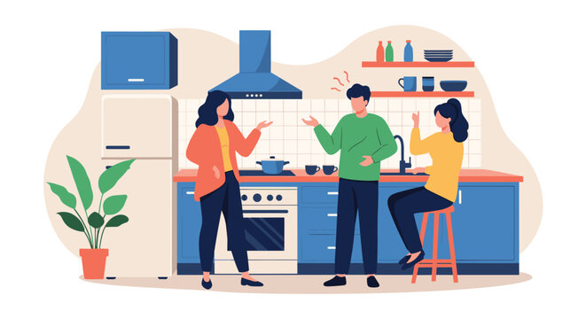 Friendly group of young roommates cooking dinner and chatting together inside a modern blue kitchen interior.