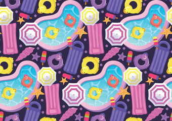 Fototapeta premium Seamless Summer Pool Pattern with Duck Inflatable Floats and Beach Accessories