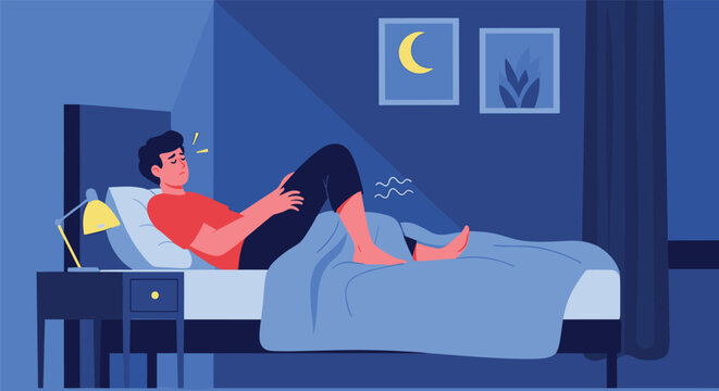Upset man suffering from a painful leg cramp or restless leg syndrome in his bed at night under the bright moonlight.