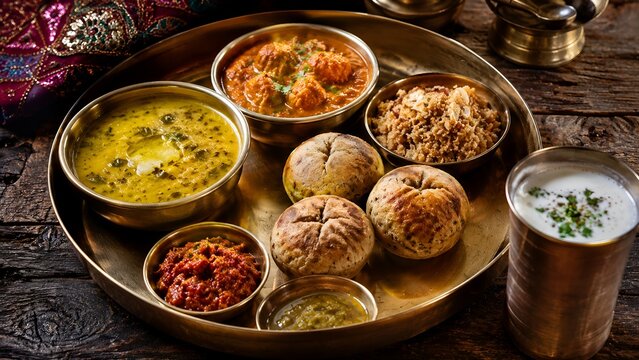 Traditional Rajasthani dal baati churma thali platter with spicy dal churma garlic chutney and buttermilk in brass utensils,