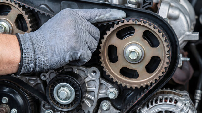 Mechanic wearing gloves inspecting engine timing belt pulley and gear assembly