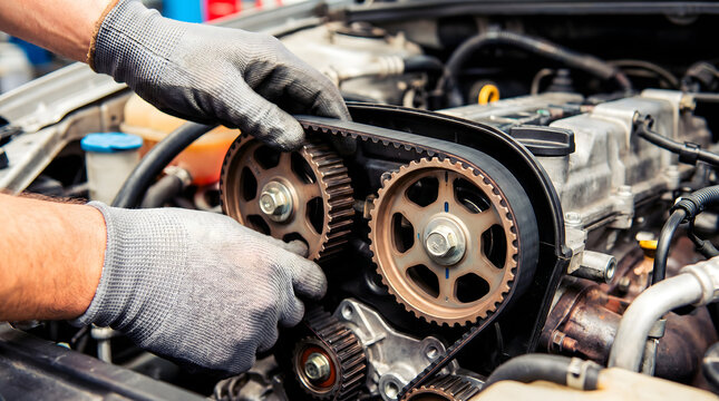 Mechanic wearing gloves inspecting and servicing car timing belt and pulleys