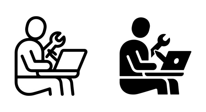 Computer Repair Icon Set, Person Fixing Laptop Symbol, Technical Support Service Graphic, IT Helpdesk Vector