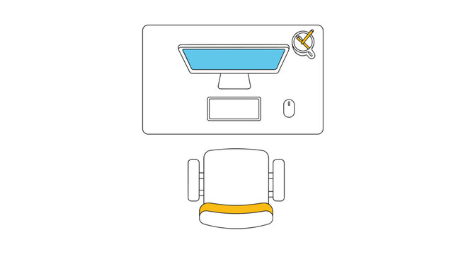 Top down view of office workspace with computer monitor, keyboard, mouse, coffee cup, and desk chair in minimalist flat style.