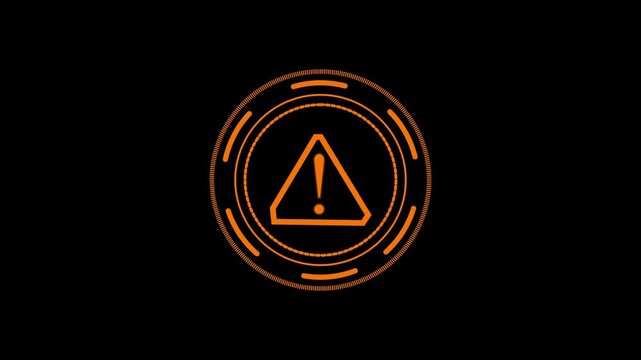 Orange Exclamation Mark Warning Symbol within Futuristic Digital Circle on animated Black Background 4K video animation.