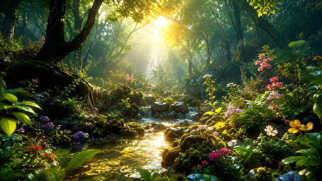 Magical Sunlit Forest Stream with Moss, Wildflowers and Golden Morning Light,