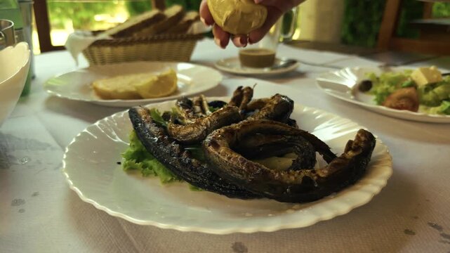 Grilled Fish Eel Segments And A Fresh Lemon On Plate.
Mediterranean Cuisine 