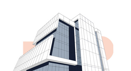 Obraz premium Hand drawn architectural sketch of a modern corner skyscraper with geometric concrete panels in blueprint design.