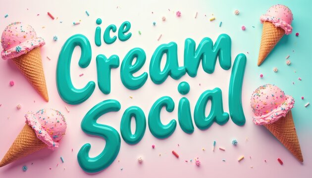 Playful ice cream cones with pink scoops and colorful sprinkles. Ice Cream Social text in bold teal lettering. Fun summer party graphic with a sweet dessert theme.